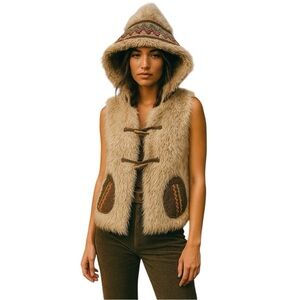 Aryeh Faux Fur Hooded Afghan-Inspired Boho Vest with Embroidered Trim Size XL
